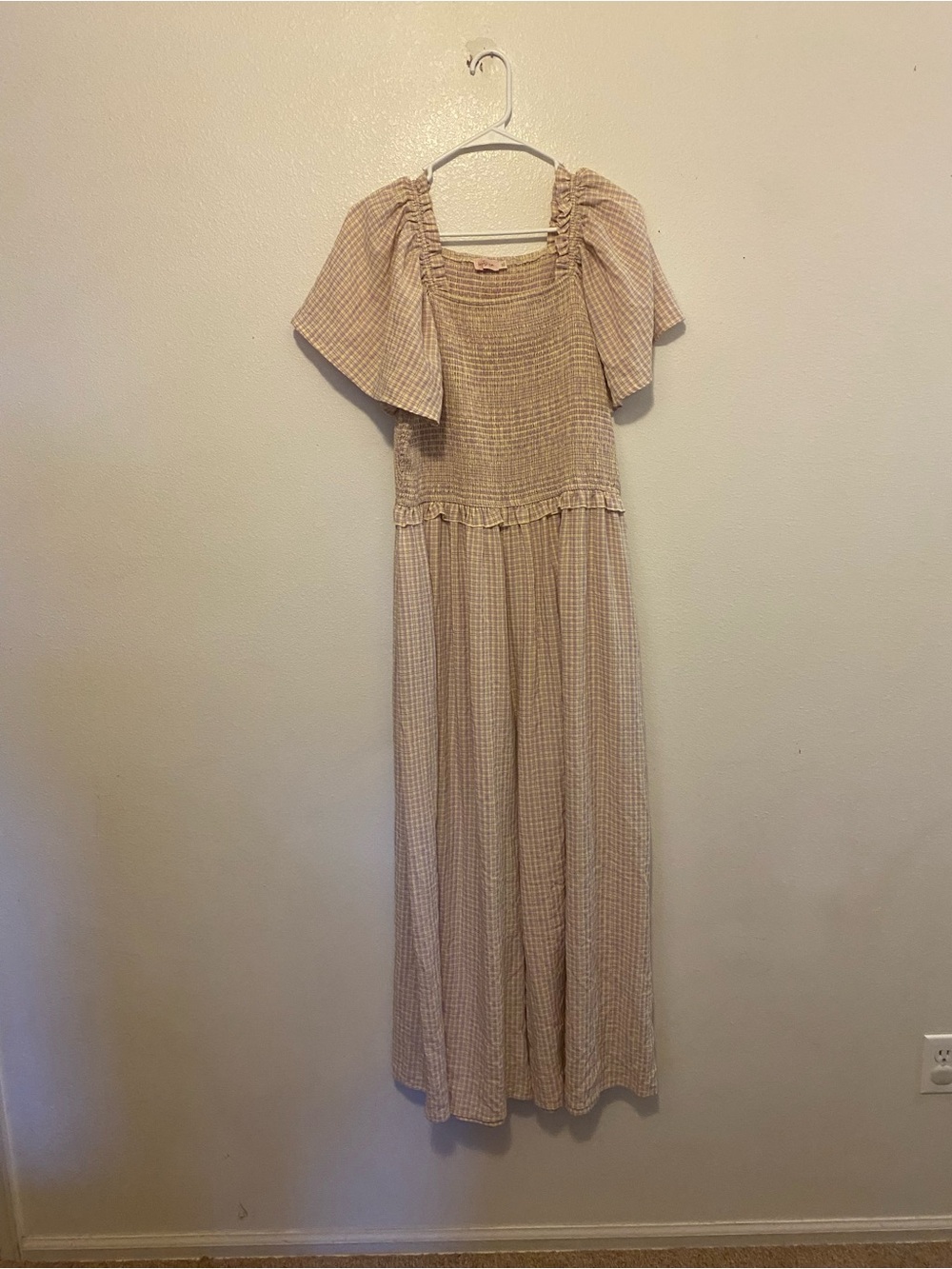 Ivy City Co purple yellow Plaid Smocked Maxi wide leg jumpsuit
